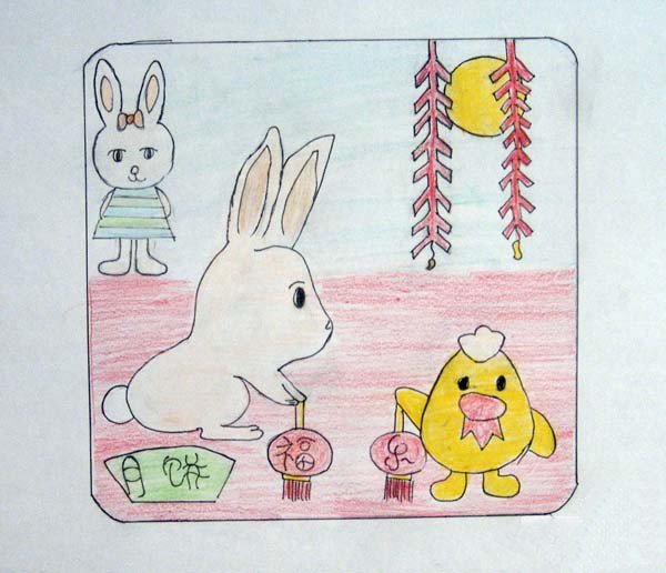 小学生中秋节绘画图片-玉兔和月饼